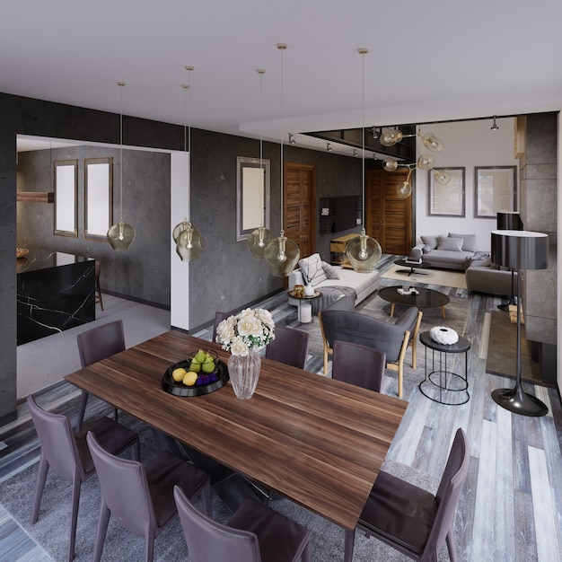 Apartamento de design com mesa de jantar e uma grande sala de estar em estilo loft com sofás e uma grande lareira e janelas panorâmicas. Renderização 3D.