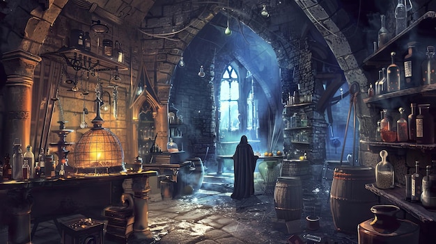 Apartamento de laboratório medieval para experimentos de alquimia Câmara subterrânea profunda garrafas desordem equipamentos de alquimia umidade Câmara dos pesquisadores escondida de olhos curiosos conceito Gerado por IA