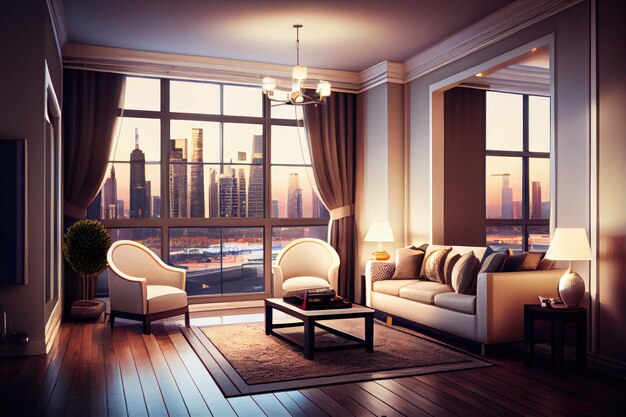 Apartamento de luxo com vista majestosa do horizonte da cidade e edifícios altos