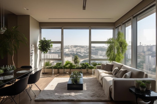 Apartamento elegante moderno com vistas panorâmicas urbanas mobiliário minimalista IA generativo abstrato