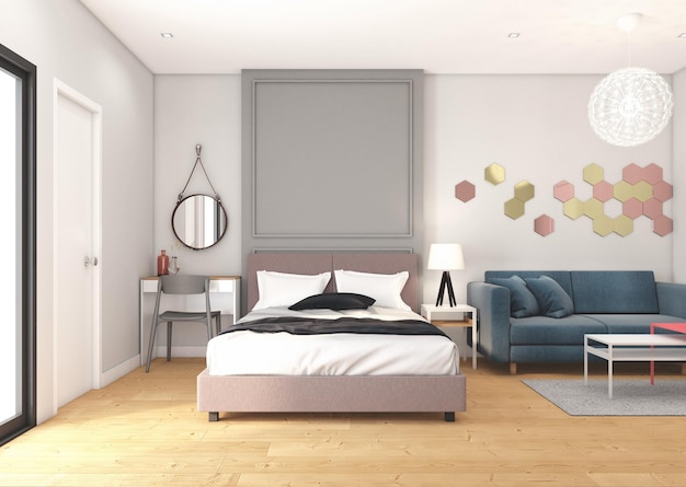 Apartamento de estilo nórdico con muebles de habitación, cama y sofá, pared blanca y suelo de madera. Representación 3d