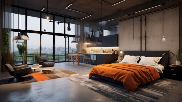 Apartamento estúdio de luxo com layout livre em estilo loft em cores escuras e cozinha moderna elegante coz