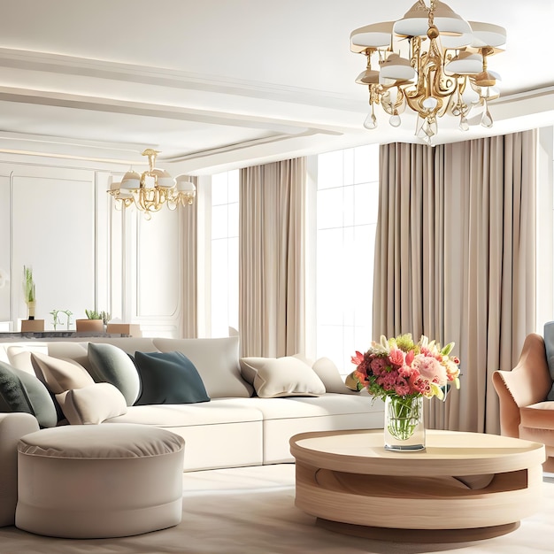 apartamento interior con un cómodo sofá y una mesa baja con jarrón de flores