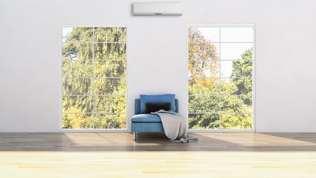 Apartamento interior moderno com ilustração de renderização 3D de ar condicionado