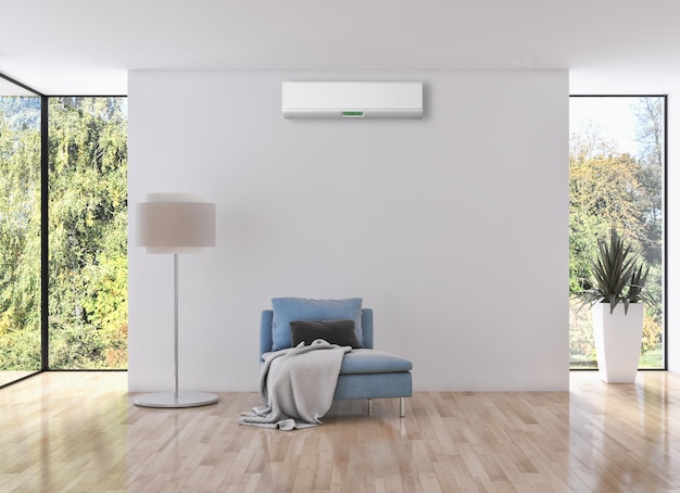 Apartamento interior moderno com ilustração de renderização 3D de ar condicionado