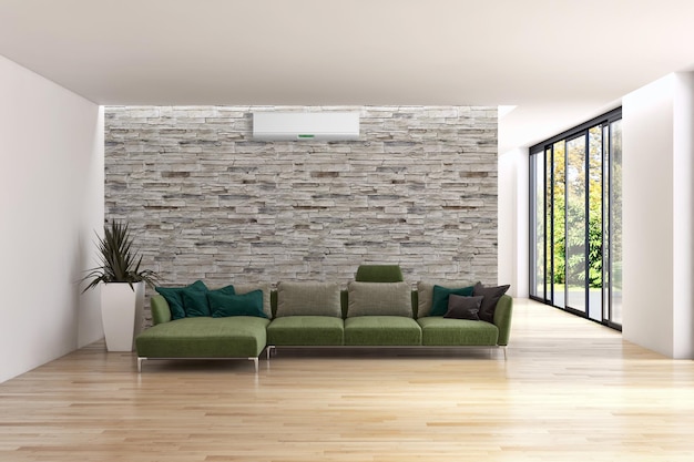 Apartamento interior moderno con ilustración de representación 3D de aire acondicionado