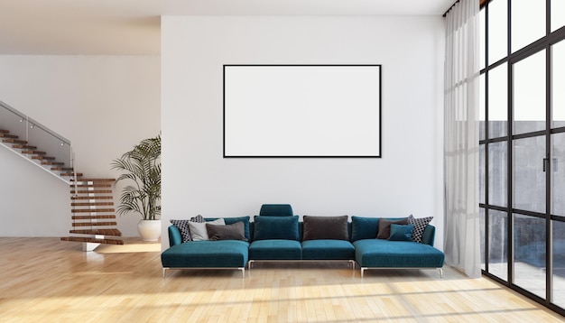 Apartamento de interiores modernos y brillantes con una maqueta de marco de cartel ilustración 3D renderización de imagen generada por computadora