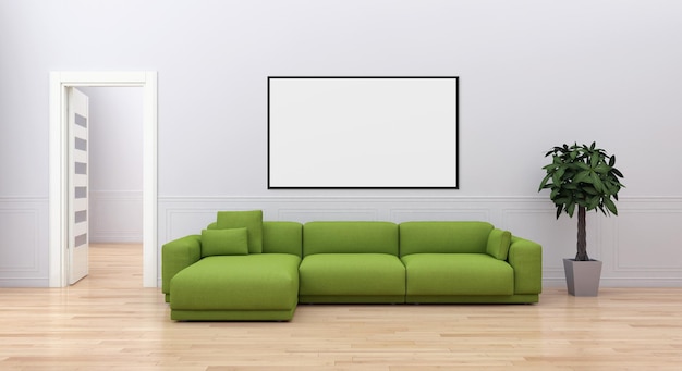 Apartamento de interiores modernos y luminosos con ilustración de marco de póster simulado Representación 3D Imagen generada por computadora