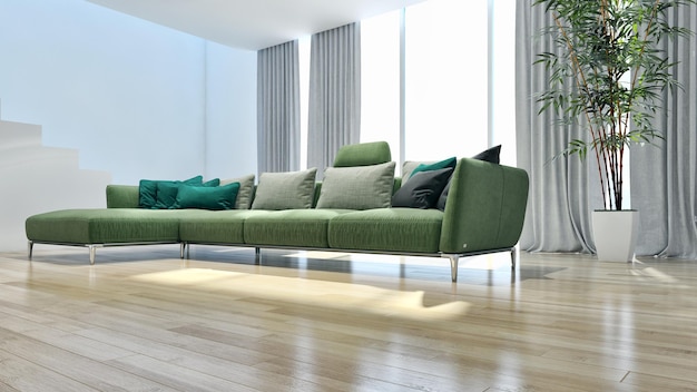Apartamento de interiores modernos y luminosos Ilustración de representación 3D de la sala de estar