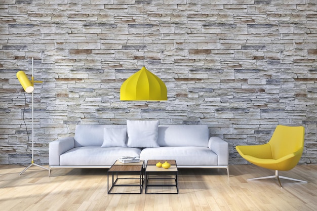 Apartamento de interiores modernos y luminosos Ilustración de representación 3D de la sala de estar