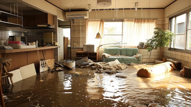 Foto apartamento inundado pelo tufão danos de água na sala de estar ai generative