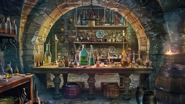 Apartamento de laboratorio medieval para experimentos de alquimia Habitación subterránea profunda botellas desorden equipo de alquimia humedad Habitación de investigadores oculta de ojos indiscretos concepto Generado por IA