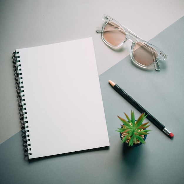 Apartamento leigos de mesa de trabalho mínima com notebook, óculos e planta verde