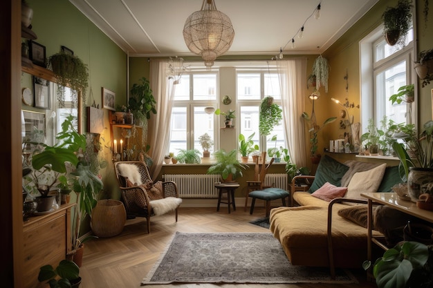 Apartamento Lofie com decoração eclética, móveis vintage e plantas criadas com ai generativa