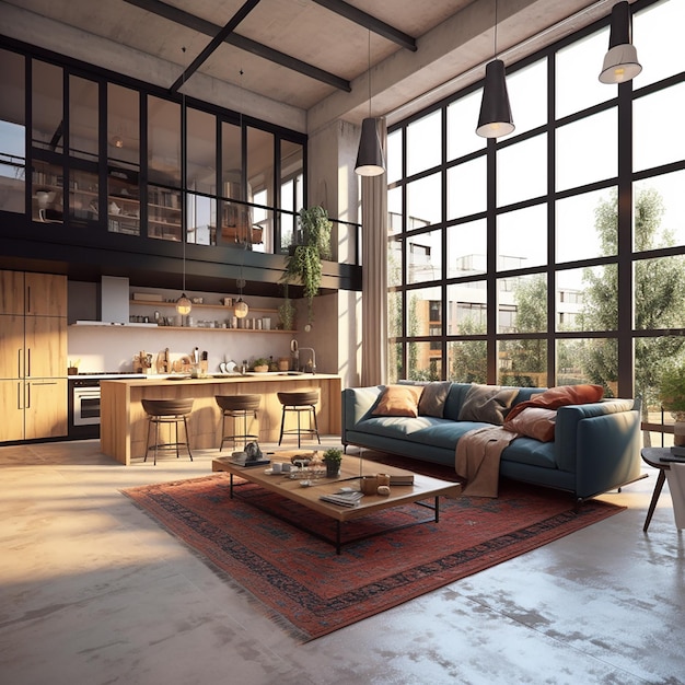 Foto apartamento loft en 3d con sala de estar y cocina