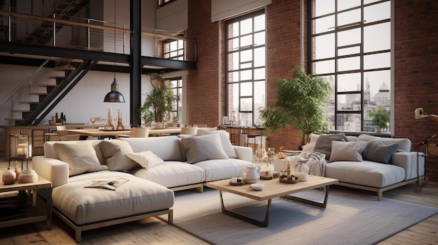 Apartamento loft em estilo industrial com janelas em arco e varanda interna IA generativa