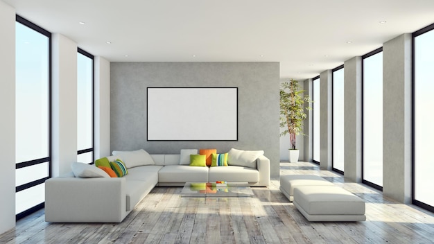 Apartamento moderno de interiores brilhantes com ilustração de quadro de pôster simulado renderização em 3D imagem gerada por computador