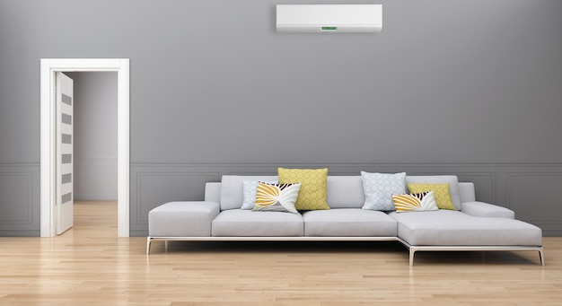 Apartamento moderno de interiores brilhantes Sala de estar com ilustração de ar condicionado 3D renderização imagem gerada por computador