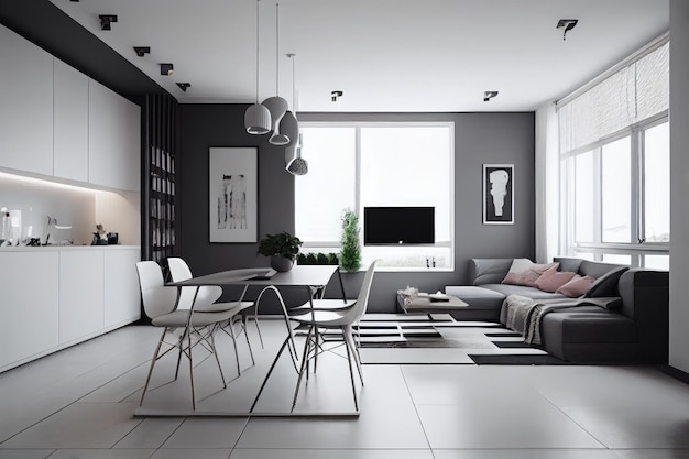 Apartamento moderno e minimalista com móveis elegantes e paleta de cores neutras