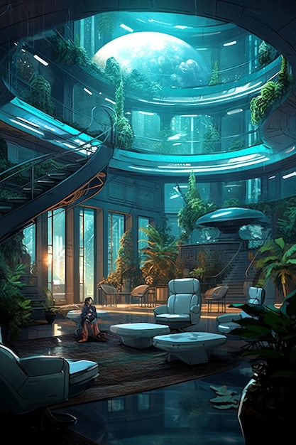 Apartamento moderno estilo ciencia ficción dentro de una nave espacial futurista