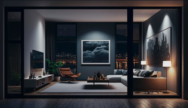 Apartamento moderno con grandes ventanales y marco de arte abstracto interior Generativo Ai
