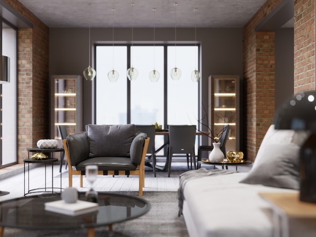 Apartamento tipo estudio con sillón de diseño moderno con tapicería de cuero, mesa de comedor en una ventana grande, pared de ladrillo. Representación 3d
