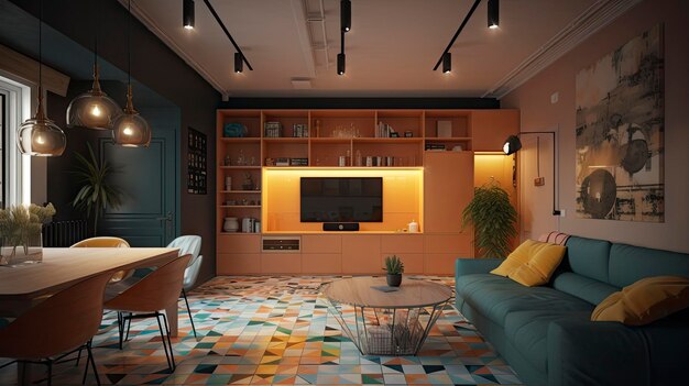 Apartamento urbano chique com acentos interiores coloridos