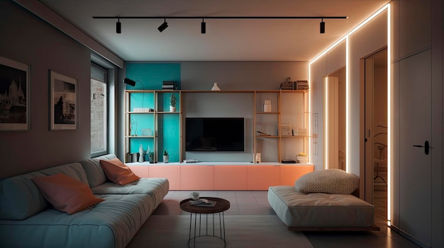 Apartamento urbano chique com acentos interiores coloridos