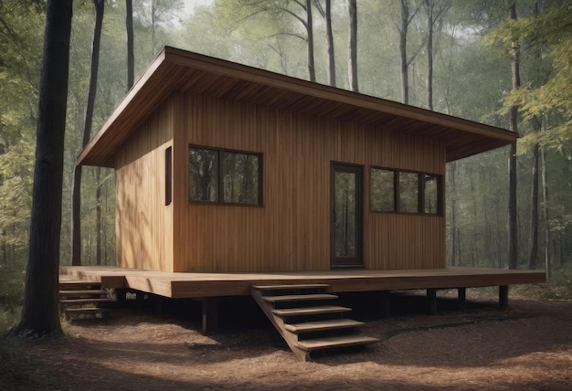 Apartamento de vacaciones cabaña de madera en el bosque a principios de la primavera con hierba verde en el patio trasero y el bosque en el fondo