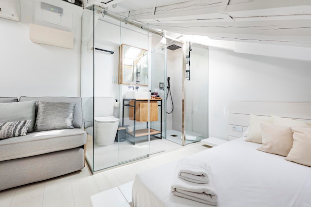 Apartamento con vigas de madera vista cabina de cristal pintado de blanco con baño con lavabo de porcelana blanca sobre mueble de madera espejo con marco a juego y sofá de tres plazas tapizado en tela gris