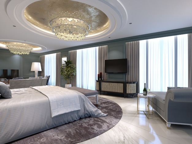 Apartamentos de lujo con dormitorio y sala de estar en estilo contemporáneo con elementos clásicos, paredes azules y muebles claros. Representación 3d
