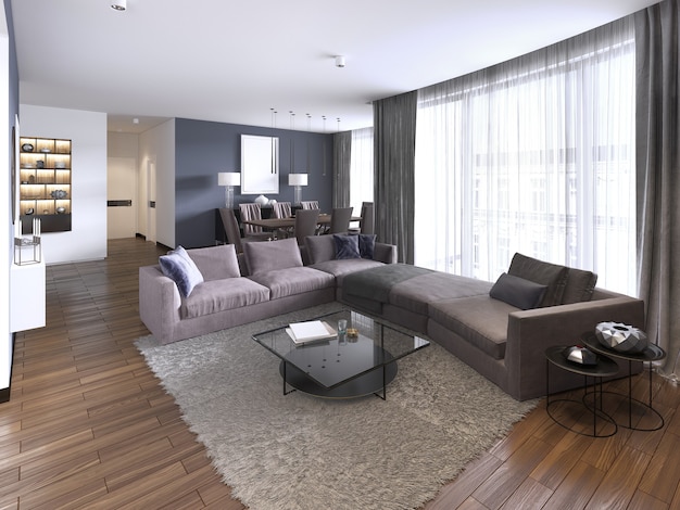 Apartamentos modernos e coloridos com grande sofá de canto, armazenamento de TV e cortinas transparentes compridas. Renderização 3D.