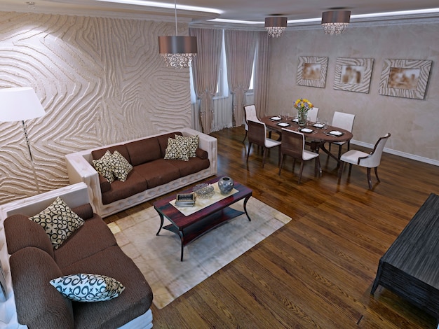 Apartamentos tipo estudio de lujo con un diseño moderno. Hermosos sofás de cuero y mesa baja de madera de caoba. Render 3D