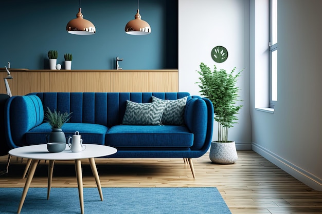 Apartment mit blauen Möbeln, darunter eine Couchbank, eine Teppichlampe und ein Tisch