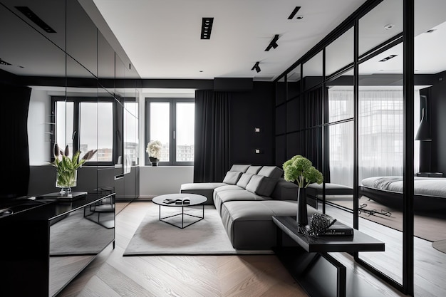 Apartment mit eleganter und moderner Einrichtung mit schwarzen und weißen Elementen, die mit generativer KI erstellt wurden