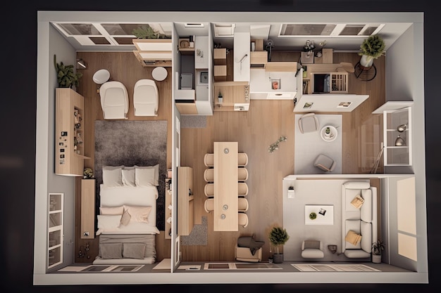 Apartment-Visualisierungs-Designprojekt Architekturplan für die Renovierung Wohnzimmer-Innenansicht von oben Erstellt mit generativer KI