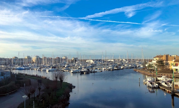 Apartments an einem Seehafen im Sonnenuntergang in den Niederlanden