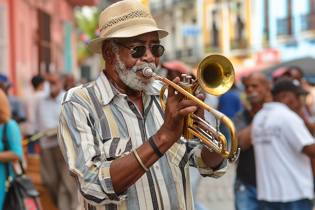 Un apasionado músico callejero actuando