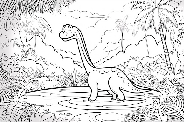 Apatosaurus Dinosaurio Negro Blanco Lineal Doodles Arte de línea Página para colorear Libro para niños