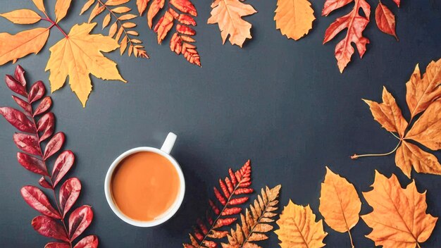 Foto apelación estética café aromático con arte de leche en una superficie limpia de color gris oscuro de otoño