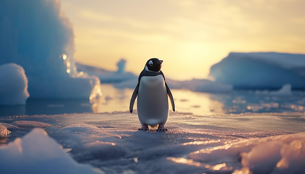 Apenas um pinguim está na frente do gelo O fundo é um iceberg Close de animais