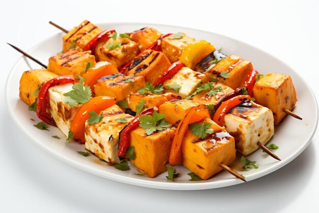 Foto apêndices de paneer tikka grelhados em fundo branco fotografia de imagem de paneer tikka