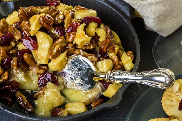 Aperitivo de brie de nueces de caramelo y arándanos para la fiesta de Navidad.