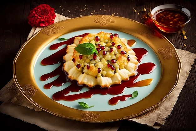 Aperitivo de coliflor al horno y salsa de granada, un plato tradicional de Oriente Medio con un sabor elegante y una combinación inusual de sabores IA generativa