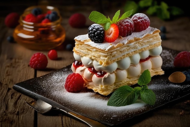 Aperitivo com creme na mesa bolo napoleão