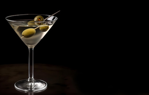 Aperitivo de martini sujo com azeitonas em vidro sobre fundo preto com espaço para texto Aperitivo sobre fundo escuro IA gerada