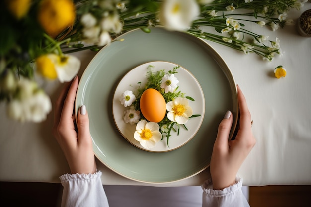 Aperitivo de Páscoa fundo da mesa de comida jantar de Páscua ovos flores feliz comemoração da Páscoa