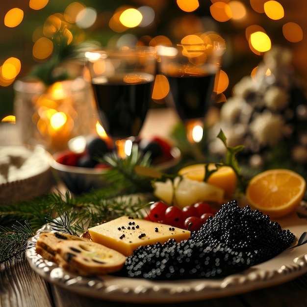 Aperitivo gourmet con caviar negro en una mesa decorada festivamente con un brillante fondo navideño