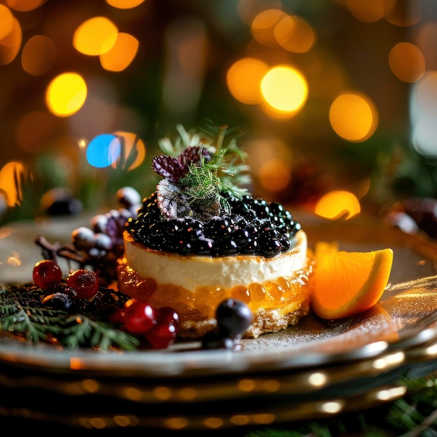 Aperitivo gourmet com caviar preto em uma mesa festiva com um fundo leve de Natal