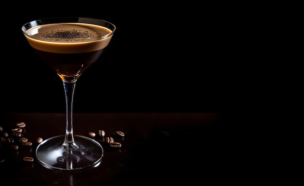 Aperitivo de martini espresso con granos de café en vidrio sobre un fondo negro con espacio para texto Aperitivo sobre un fondo oscuro AI generado